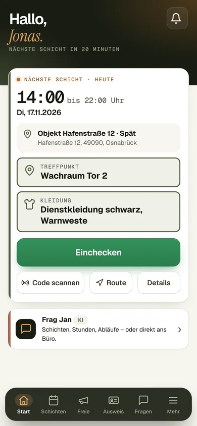 Wachplan-App: nächste Schicht mit Treffpunkt, Kleidung und Knopf zum Einchecken